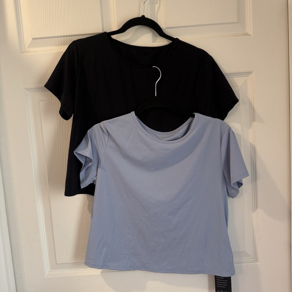 Crossover Shirt‎ blue & black Sz L Crop By Micoson Cropped With Crisscross Back